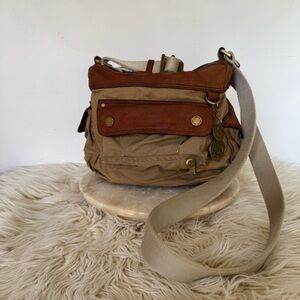 Vintage Lauren Ralph Lauren Tan Brown Canvas Leather Crossbody Travel Bag Large